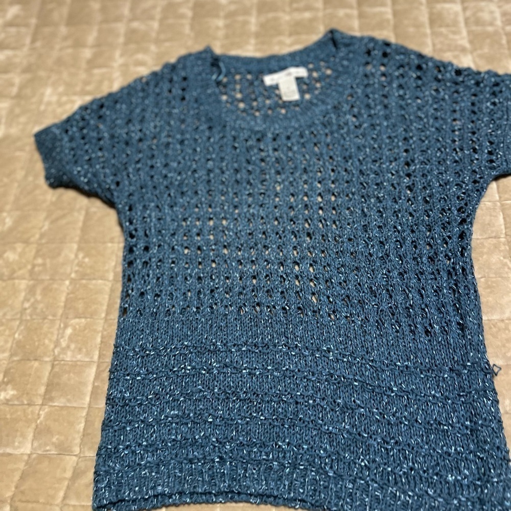 Marisa Christina Blue Crew Neck Sweater with Open-Knit Texture